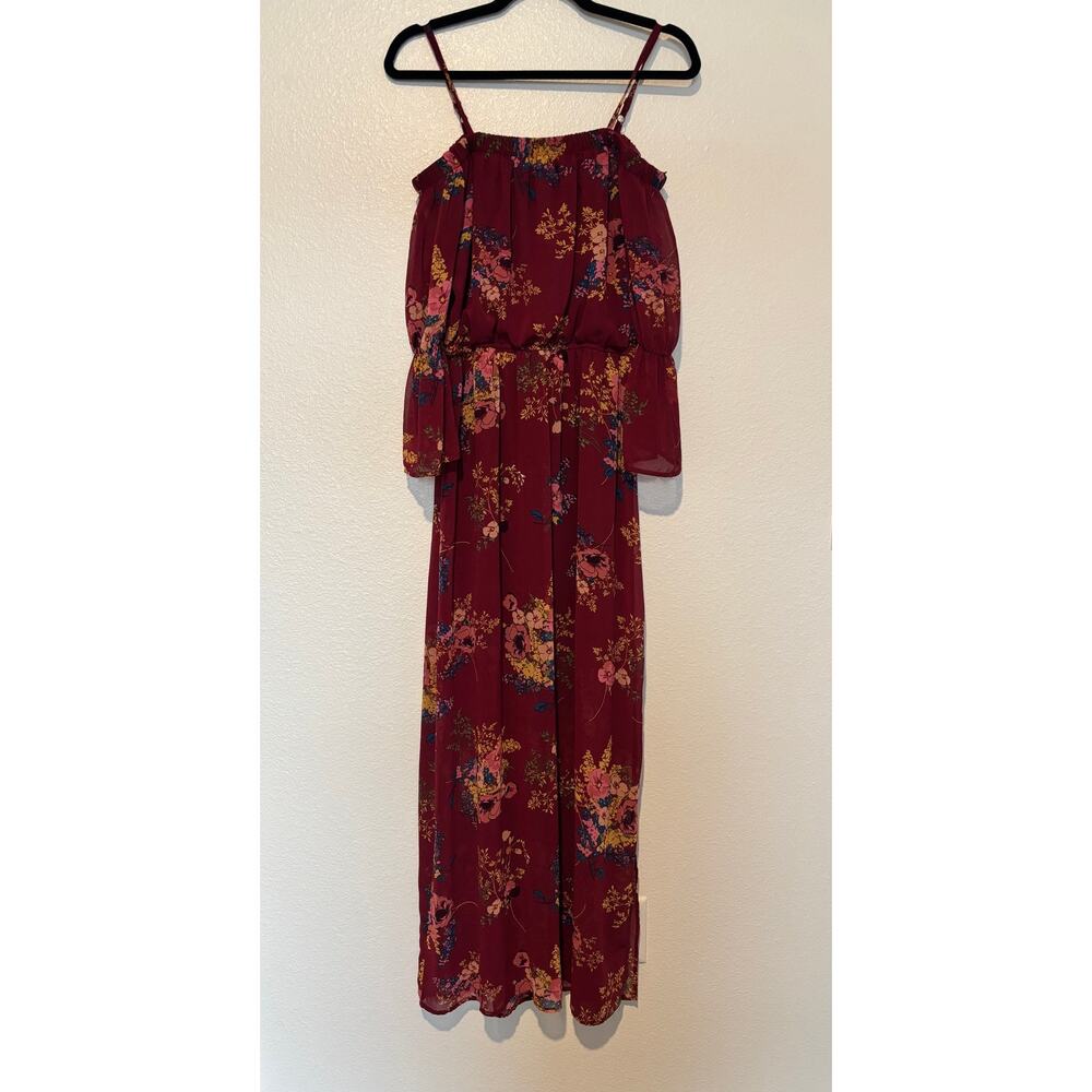 As U Wish Juniors Size Medium Red Floral Sheer Bell Sleeves Illusion Maxi Dress